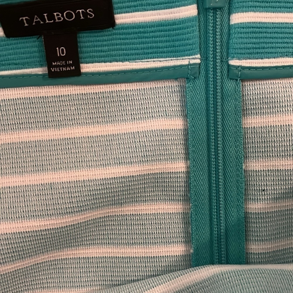 Talbots Cotton Blend Turquoise Pencil Skirt White Stripes w Pockets size 10 - Picture 3 of 5
